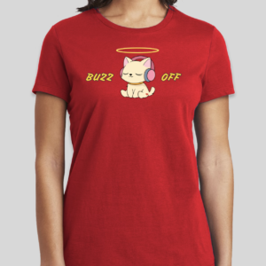 BHS Buzz Off t-shirt featuring a peaceful kitten under a halo wearing headphones.
